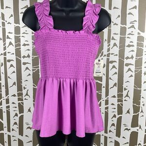 Terra & Sky Smocked Crop Peplum Tank Top 0X (14W) Purple